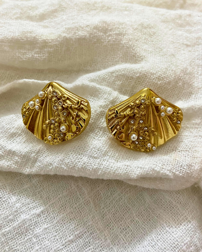 Pearl Studded Shell Earrings 18K Gold Plated