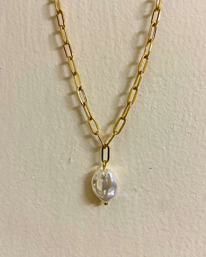 Pearl Paperclip Necklace- 18K Gold Plated
