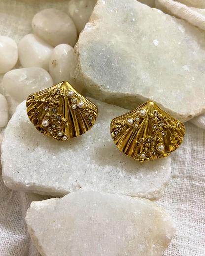 Pearl Studded Shell Earrings 18K Gold Plated