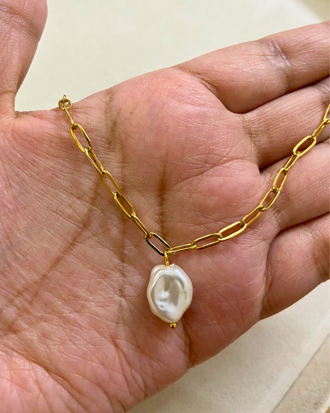 Pearl Paperclip Necklace- 18K Gold Plated