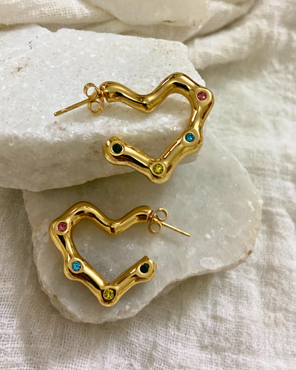 Multi Studded Heart Hoops 18K Gold Plated