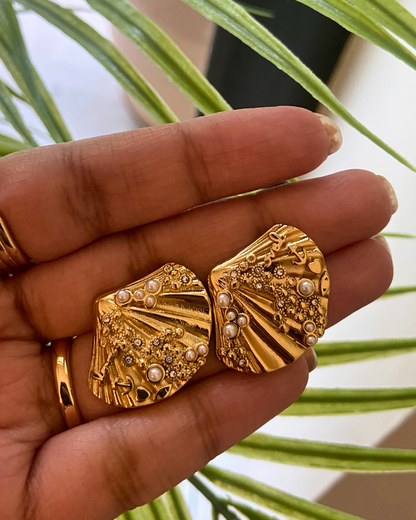 Pearl Studded Shell Earrings 18K Gold Plated